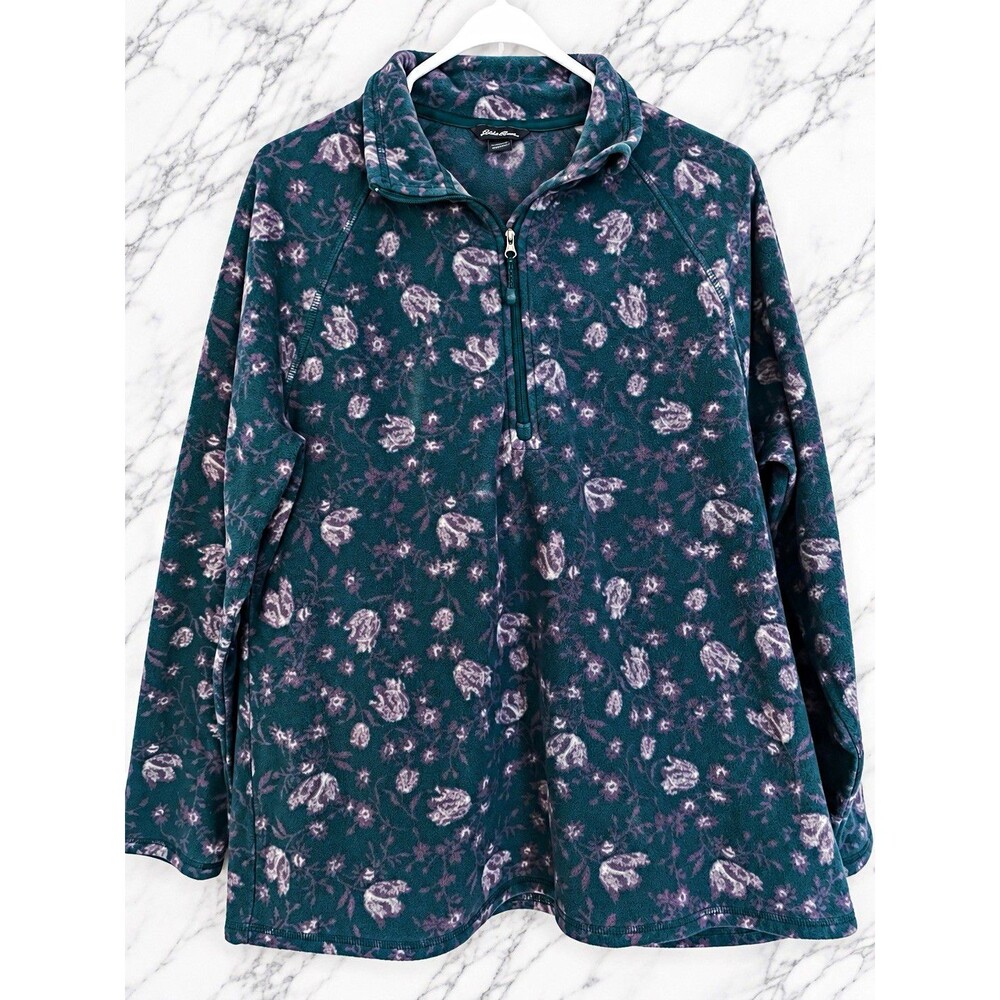 Eddie Bauer Women's XL Teal/Purple Floral 1/4 Zip Fleece Mock Neck Sweatshirt